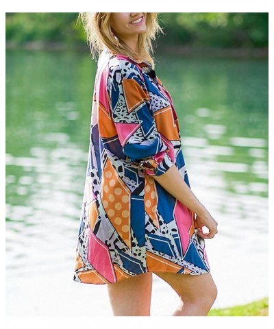 Women's Beach Shirt Long Sleeve Turn Down Collar Bathing Suit Cover Ups A-geometric Print 3 $15.94 Swimsuits