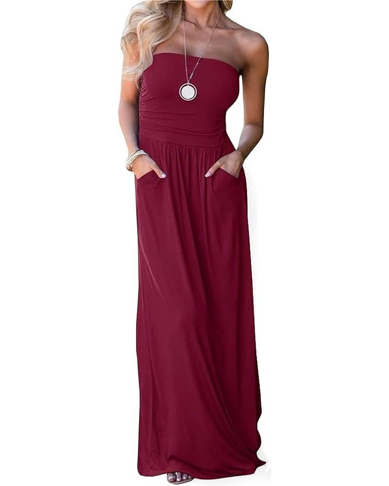 Womens Strapless Tube Top Maxi Dress Floral Boho Beach Dress with Pockets Wine Red $17.60 Dresses