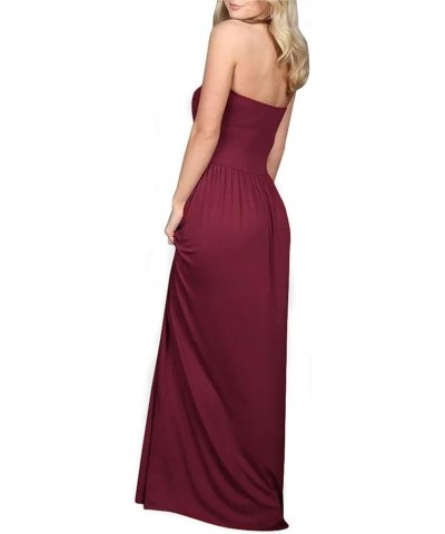 Womens Strapless Tube Top Maxi Dress Floral Boho Beach Dress with Pockets Wine Red $17.60 Dresses