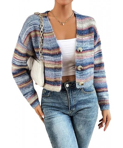 Women's Long Sleeve Button Front V Neck Casual Crop Cardigan Sweater Multicolor Blue $19.32 Sweaters