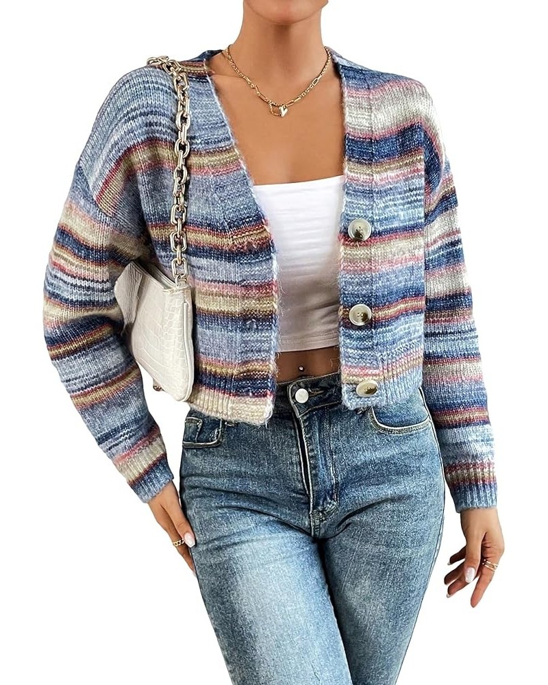 Women's Long Sleeve Button Front V Neck Casual Crop Cardigan Sweater Multicolor Blue $19.32 Sweaters