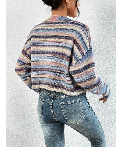 Women's Long Sleeve Button Front V Neck Casual Crop Cardigan Sweater Multicolor Blue $19.32 Sweaters