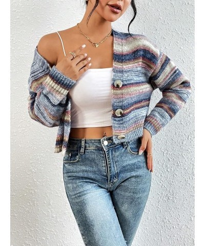 Women's Long Sleeve Button Front V Neck Casual Crop Cardigan Sweater Multicolor Blue $19.32 Sweaters