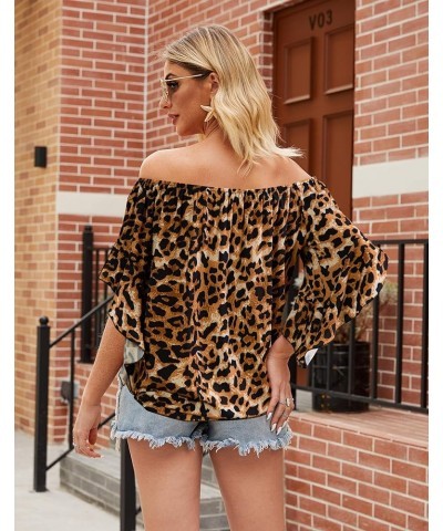 Womens Off Shoulder Tops Sexy Floral Print Crop Tops Summer Blouses T-Shirt Brown Leopard $8.39 Blouses