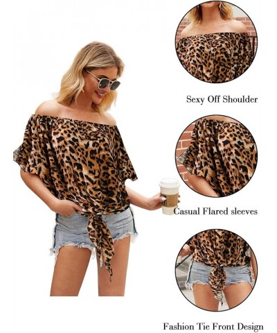 Womens Off Shoulder Tops Sexy Floral Print Crop Tops Summer Blouses T-Shirt Brown Leopard $8.39 Blouses