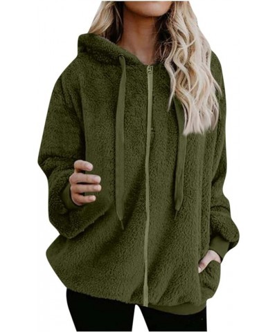 Womens Fleece Jackets Full Zipper Pockets Hoodie Coats Winter Warm Soft Teddy Warm Fluffy Jacket Overcoat Cardigan 04-army Gr...