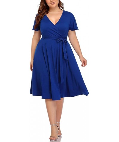Plus Size Wrap V Neck Midi Casual Wedding Guest Short Flutter Sleeve Summer Dress Blue Royal $24.19 Dresses