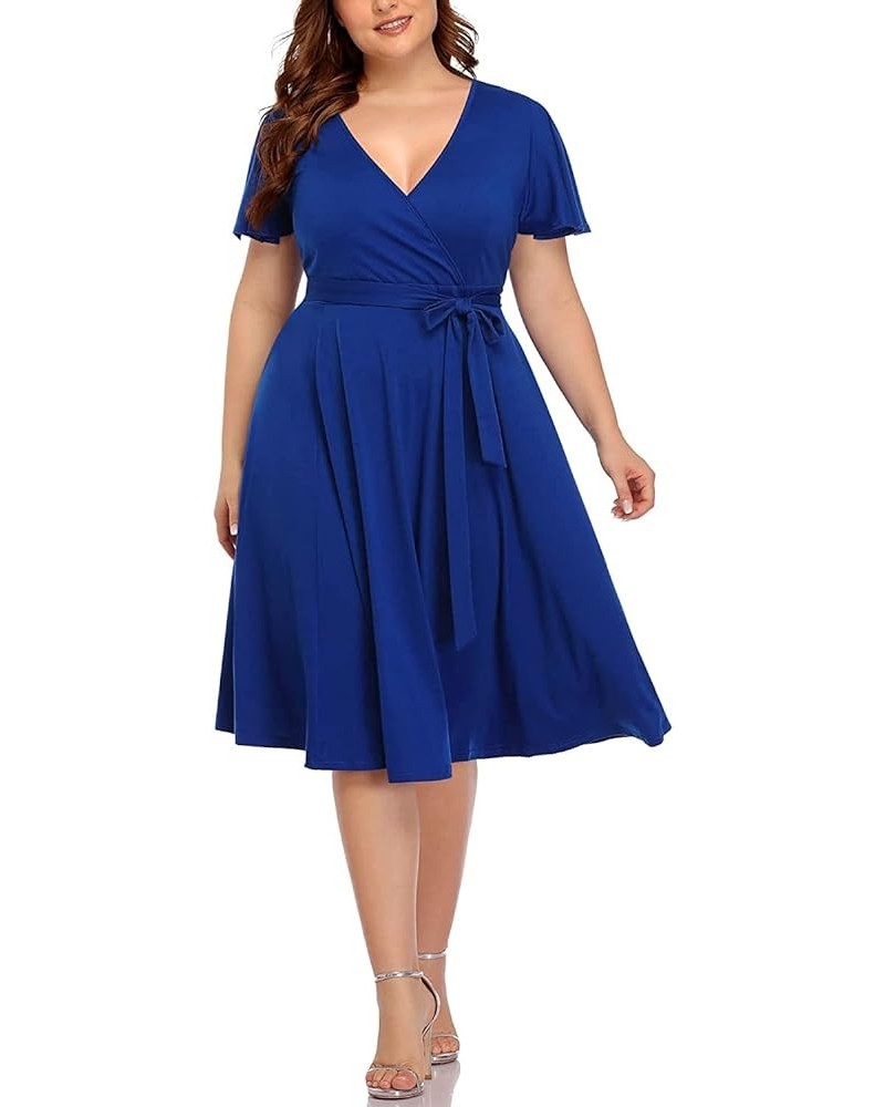 Plus Size Wrap V Neck Midi Casual Wedding Guest Short Flutter Sleeve Summer Dress Blue Royal $24.19 Dresses