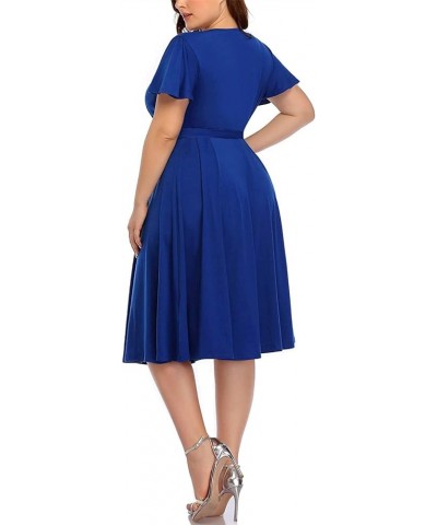 Plus Size Wrap V Neck Midi Casual Wedding Guest Short Flutter Sleeve Summer Dress Blue Royal $24.19 Dresses