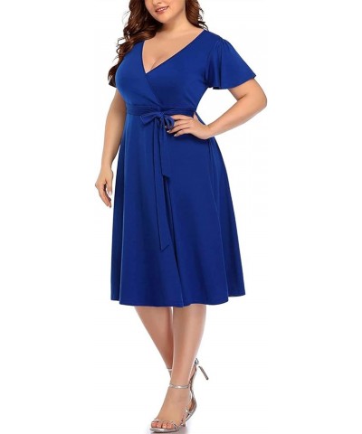 Plus Size Wrap V Neck Midi Casual Wedding Guest Short Flutter Sleeve Summer Dress Blue Royal $24.19 Dresses