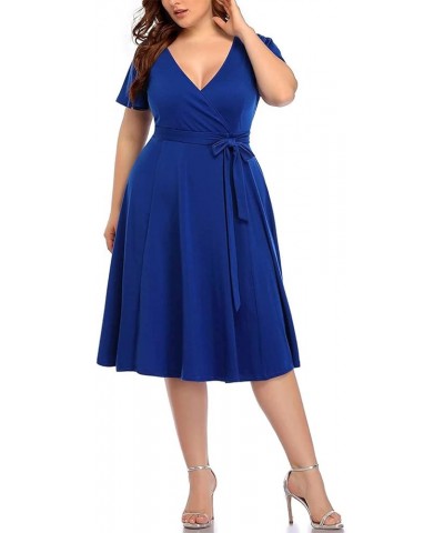 Plus Size Wrap V Neck Midi Casual Wedding Guest Short Flutter Sleeve Summer Dress Blue Royal $24.19 Dresses