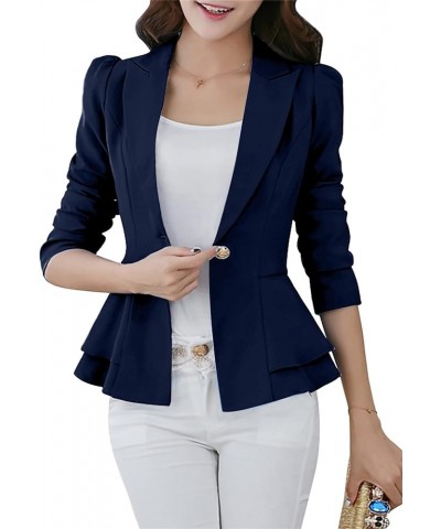 Womens Solid Color 3/4 Sleeve Blazers with Single Button Ruffle Hem Jackets Tunic Slim Fit Office Tops Navy Blue $15.11 Blazers