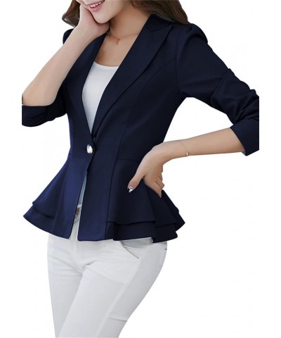 Womens Solid Color 3/4 Sleeve Blazers with Single Button Ruffle Hem Jackets Tunic Slim Fit Office Tops Navy Blue $15.11 Blazers