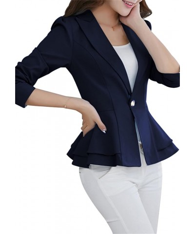 Womens Solid Color 3/4 Sleeve Blazers with Single Button Ruffle Hem Jackets Tunic Slim Fit Office Tops Navy Blue $15.11 Blazers