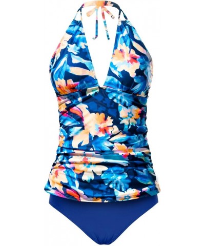 Womens Two Piece Swimsuits Tummy Control Tankini Plus Size Bathing Suit Halter V Neck Swimwear Floral and Blue -1 $14.96 Swim...