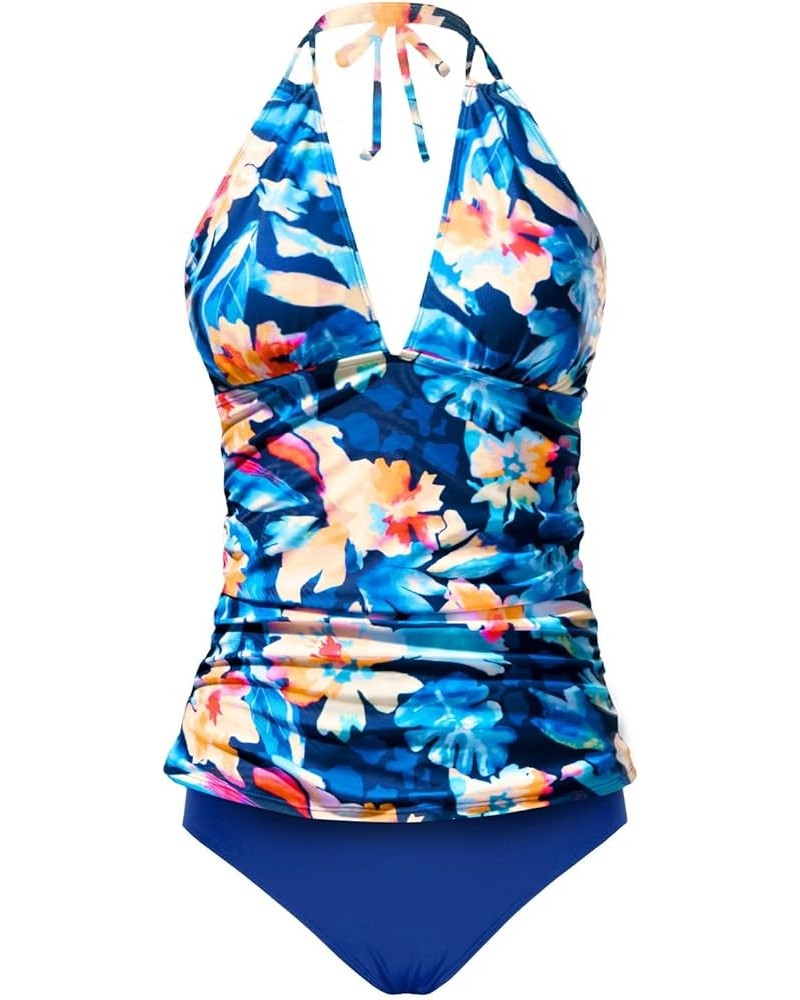 Womens Two Piece Swimsuits Tummy Control Tankini Plus Size Bathing Suit Halter V Neck Swimwear Floral and Blue -1 $14.96 Swim...