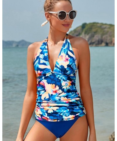 Womens Two Piece Swimsuits Tummy Control Tankini Plus Size Bathing Suit Halter V Neck Swimwear Floral and Blue -1 $14.96 Swim...