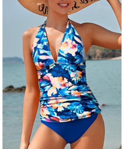 Womens Two Piece Swimsuits Tummy Control Tankini Plus Size Bathing Suit Halter V Neck Swimwear Floral and Blue -1 $14.96 Swim...