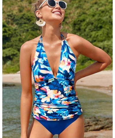 Womens Two Piece Swimsuits Tummy Control Tankini Plus Size Bathing Suit Halter V Neck Swimwear Floral and Blue -1 $14.96 Swim...