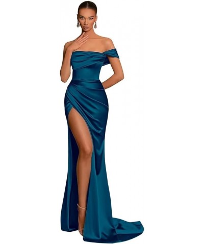 Silk Satin Bridesmaid Dresses One Shoulder Mermaid Prom Dress Ruched Formal Party Dress with Slit Peacock $34.44 Dresses