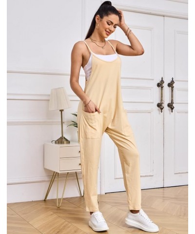 Women's Spaghetti Straps Overalls Casual Harem Wide leg Jumpsuits Long Pants Rompers with Pockets Apricot $8.49 Overalls