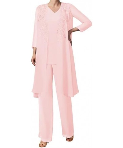 3 Pieces Sequins Mother of The Bride Dress Pant Suits Chiffon Lace Long Formal Evening Gowns with Jacket Pink $26.24 Suits