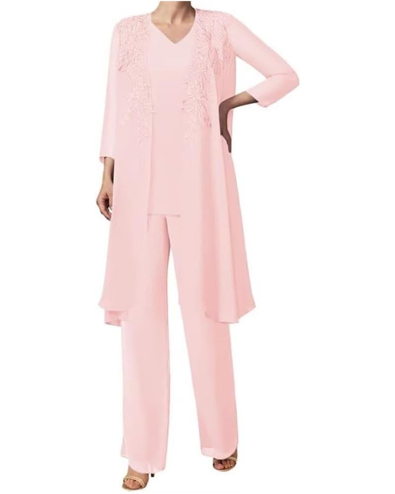 3 Pieces Sequins Mother of The Bride Dress Pant Suits Chiffon Lace Long Formal Evening Gowns with Jacket Pink $26.24 Suits