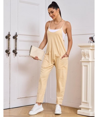 Women's Spaghetti Straps Overalls Casual Harem Wide leg Jumpsuits Long Pants Rompers with Pockets Apricot $8.49 Overalls