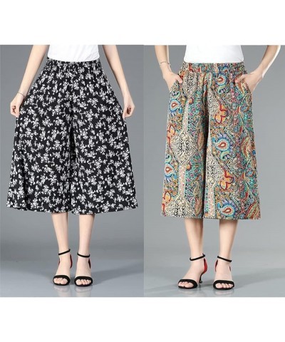 Culottes for Women - Gaucho Pants for Women Wide Leg Chiffon Culottes Knee Length with High Elasticated Waist (H) F $10.07 Pants