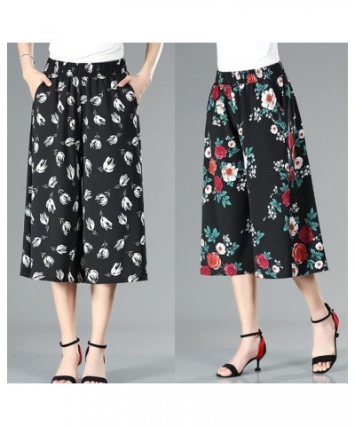 Culottes for Women - Gaucho Pants for Women Wide Leg Chiffon Culottes Knee Length with High Elasticated Waist (H) F $10.07 Pants