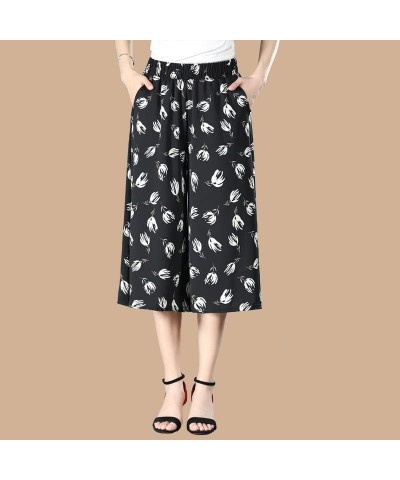 Culottes for Women - Gaucho Pants for Women Wide Leg Chiffon Culottes Knee Length with High Elasticated Waist (H) F $10.07 Pants