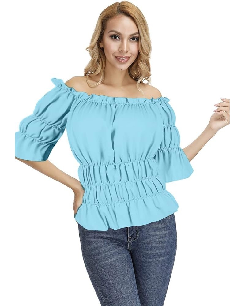 Women's Blouses & Shirts Off The Shoulder Medieval Renaissance Top Pirate Gothic Short Sleeve Plus Size Light Blue $8.00 Blouses