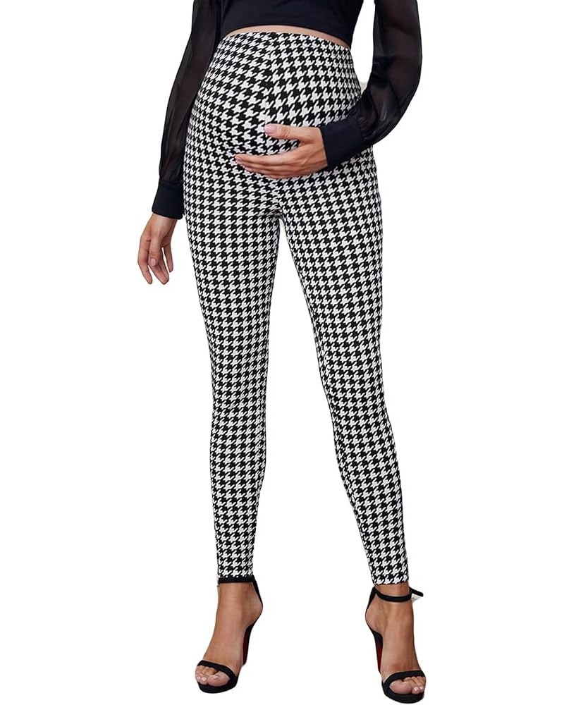 Women's Houndstooth Print Leggings Pregnancy Elastic Waist Skinny Pants Black and White $12.74 Leggings