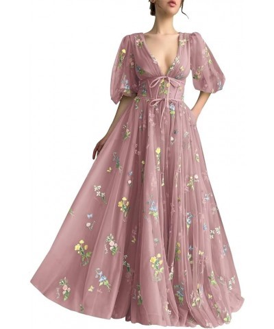 Women's Puff Sleeve Prom Dress Long Flower Embroidery Floral Tulle Formal Evening Party Gowns Dusty Rose-long $38.87 Dresses