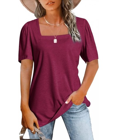 Womens Tops Casual Short Sleeve Square Neck Shirts Puff Sleeve Tshirts Loose Casual Blouse Summer Tee Red $11.72 Blouses