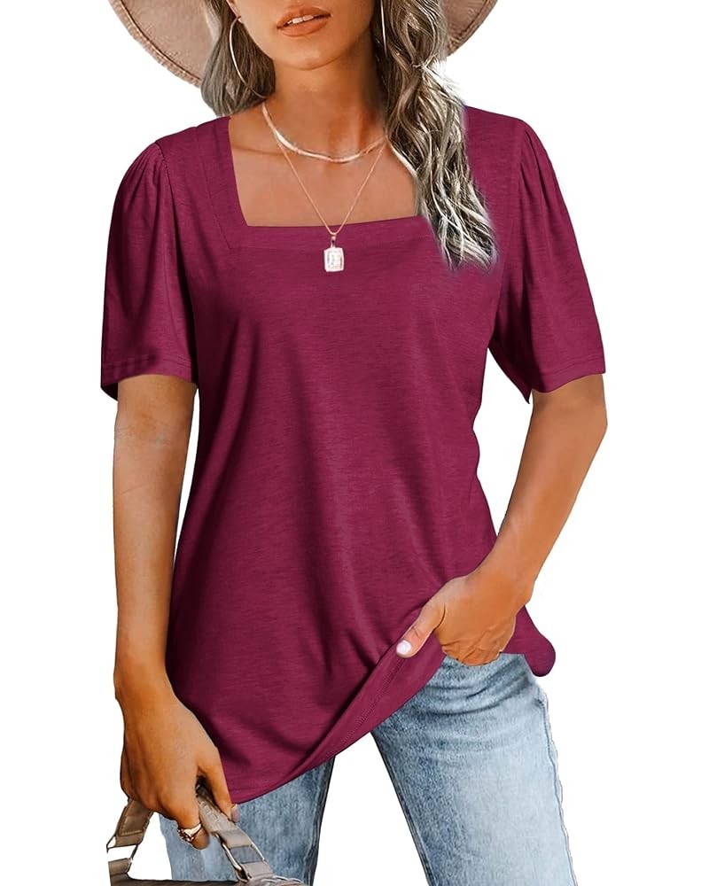 Womens Tops Casual Short Sleeve Square Neck Shirts Puff Sleeve Tshirts Loose Casual Blouse Summer Tee Red $11.72 Blouses