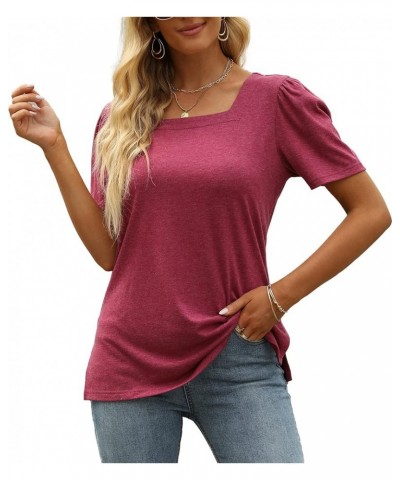 Womens Tops Casual Short Sleeve Square Neck Shirts Puff Sleeve Tshirts Loose Casual Blouse Summer Tee Red $11.72 Blouses