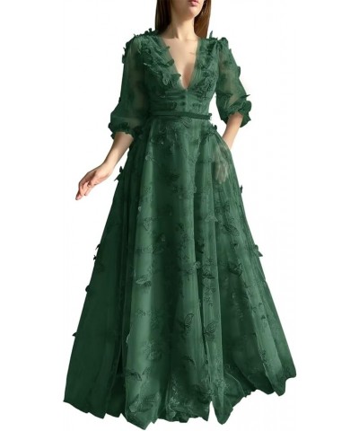 3D Butterfly Tulle Prom Dresses for Women Lace Applique Puffy Sleeve V Neck Long Formal Evening Gowns Emerald Green $38.24 Dr...