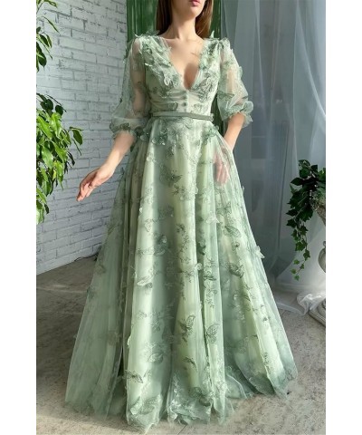 3D Butterfly Tulle Prom Dresses for Women Lace Applique Puffy Sleeve V Neck Long Formal Evening Gowns Emerald Green $38.24 Dr...