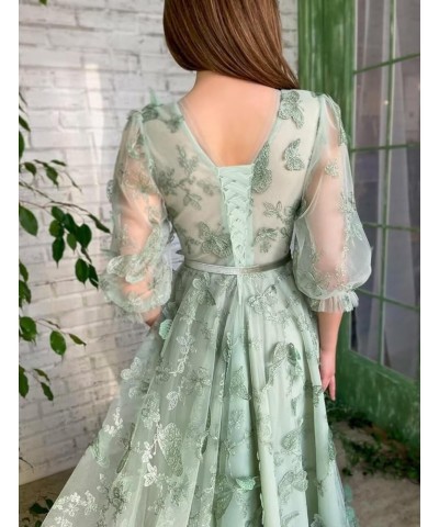 3D Butterfly Tulle Prom Dresses for Women Lace Applique Puffy Sleeve V Neck Long Formal Evening Gowns Emerald Green $38.24 Dr...