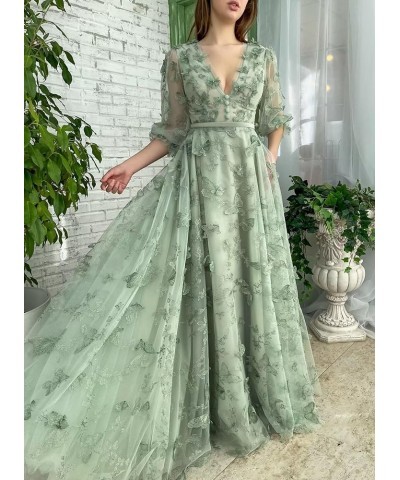 3D Butterfly Tulle Prom Dresses for Women Lace Applique Puffy Sleeve V Neck Long Formal Evening Gowns Emerald Green $38.24 Dr...