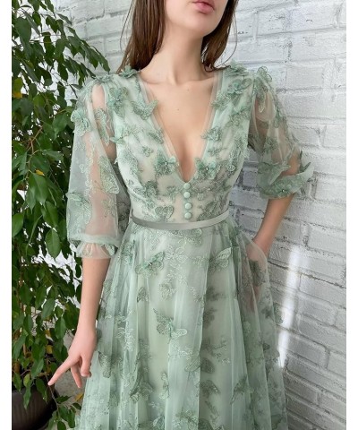 3D Butterfly Tulle Prom Dresses for Women Lace Applique Puffy Sleeve V Neck Long Formal Evening Gowns Emerald Green $38.24 Dr...