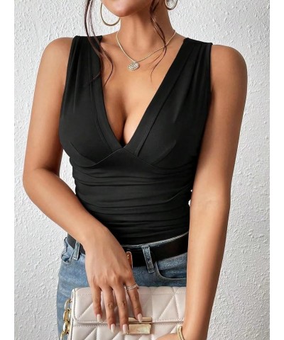Women's Casual Deep V Neck Sleeveless Slim Fit Ruched Tank Tops Summer Tee Tops Black $13.74 Tanks