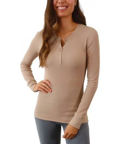 Women's Long Sleeve Waffle Knit Stretch Cotton Thermal Underwear Shirt Henley Beige $10.78 Underwear