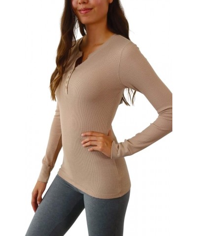 Women's Long Sleeve Waffle Knit Stretch Cotton Thermal Underwear Shirt Henley Beige $10.78 Underwear