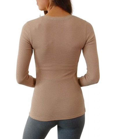 Women's Long Sleeve Waffle Knit Stretch Cotton Thermal Underwear Shirt Henley Beige $10.78 Underwear