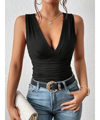 Women's Casual Deep V Neck Sleeveless Slim Fit Ruched Tank Tops Summer Tee Tops Black $13.74 Tanks
