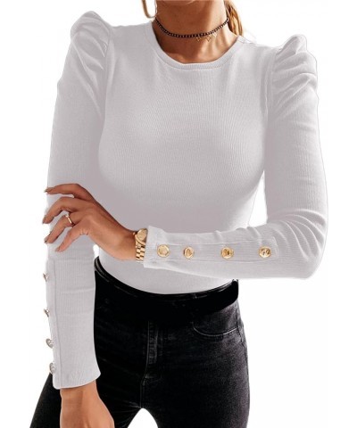 Women's Solid Round Neck Puff Long Sleeve Slim Fit T Shirt Tops B-white $11.50 T-Shirts