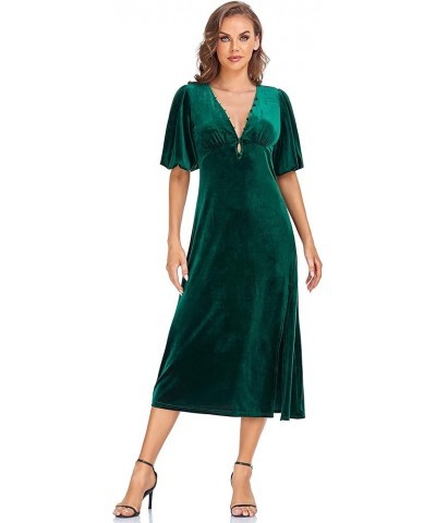 Women's Sexy V Neck Backless Velvet Maxi Dress Lantern Puff Sleeves Side Slit Velvet Cocktail Party Dress 72158 Green $21.27 ...