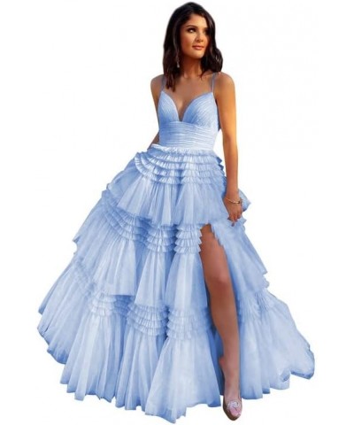 Women's Tiered Tulle Prom Dresses Long Ball Gown with Slit Spaghetti Straps Formal Evening Dress Light Blue $34.50 Dresses